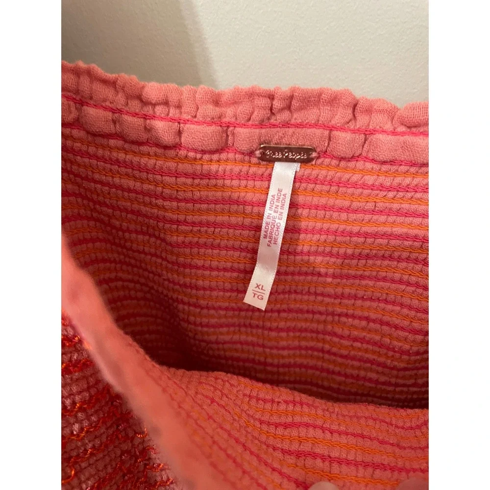 Free People XL Dahlia Embroidered Maxi Dress Coral Pink Smocked Puff Sleeve